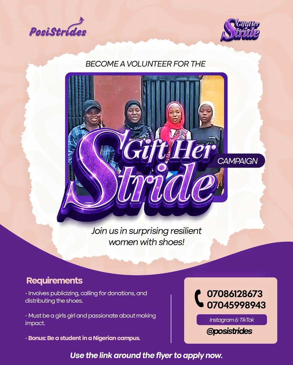 posistrides's tweet photo. In 2024, we gifted 70 shoes to women and girls in Akure! This time, we are doing it again but BIGGER and DEEPER because we are surprising resilient and hardworking women across multiple campuses in Nigeria with shoes!🥳

Something to tell them; we see you and we celebrate you!💜 https://t.co/OKptLPQTM9