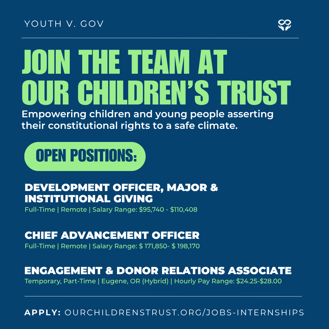 youthvgov's tweet photo. 📣 We’re hiring! Our Children’s Trust is growing our team and looking for passionate people ready to help power the movement for youth-led climate justice 🌎⚖️ Learn more about these positions and apply: https://t.co/5E6jFYVVef https://t.co/X9Y0X8fW7i