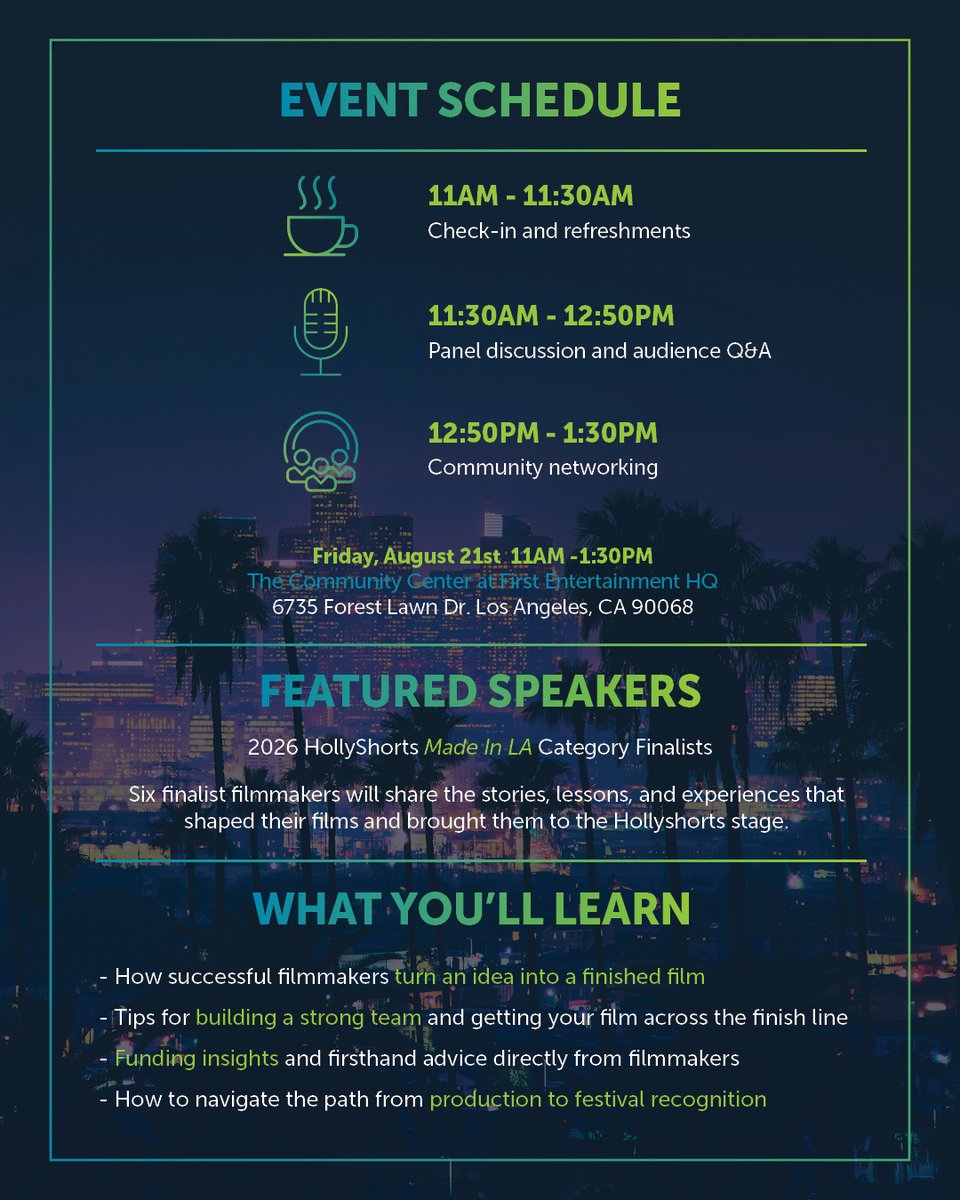 Firstent's tweet photo. Join us and @HollyShorts for The Filmmaker Journey, a panel featuring the 2026 Made in LA finalists. Hear how they brought their films to life, secured funding, and found festival success.
📅 August 21, 2026
⏰ 11 AM-1:30 PM
Reserve your spot: https://t.co/9U3bnSrX63 https://t.co/WC6zHPqOlc