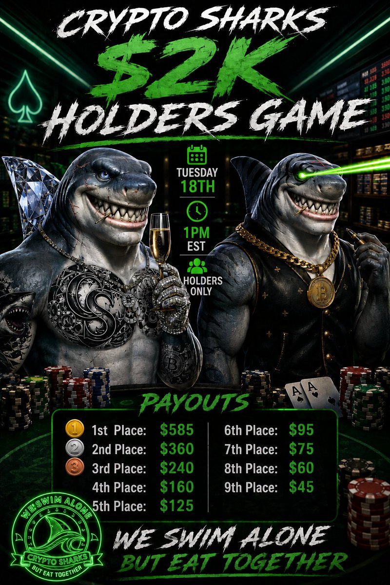 CryptoSharksID's tweet photo. 🚨 MASSIVE ANNOUNCEMENT FOR CRYPTO SHARKS HOLDERS 🦈💰

​This Tuesday, August 18th, we’re running our FIRST EXCLUSIVE $2,000 HOLDERS GAME!

​▫️ When: Tuesday, August 18th
▫️ Prize Pool: $2,000
▫️ The Edge: Small field = HUGE payouts per player

​The value is sitting right on the table. Come play with us. 🃏🔥

​Drop your Shark in the replies if you’re claiming a seat 👇