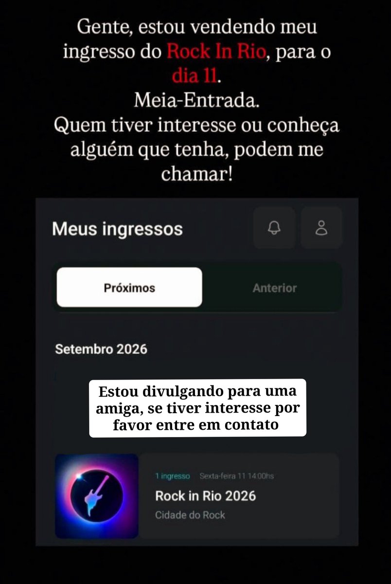 Mics_7's tweet photo. Anúncio de ingresso Rock in Rio para dia 11/09- MEIA ENTRADA.
*VENDA URGENTEE*
Para mais informações por favor entrar em contato. https://t.co/cd94OwfqNm