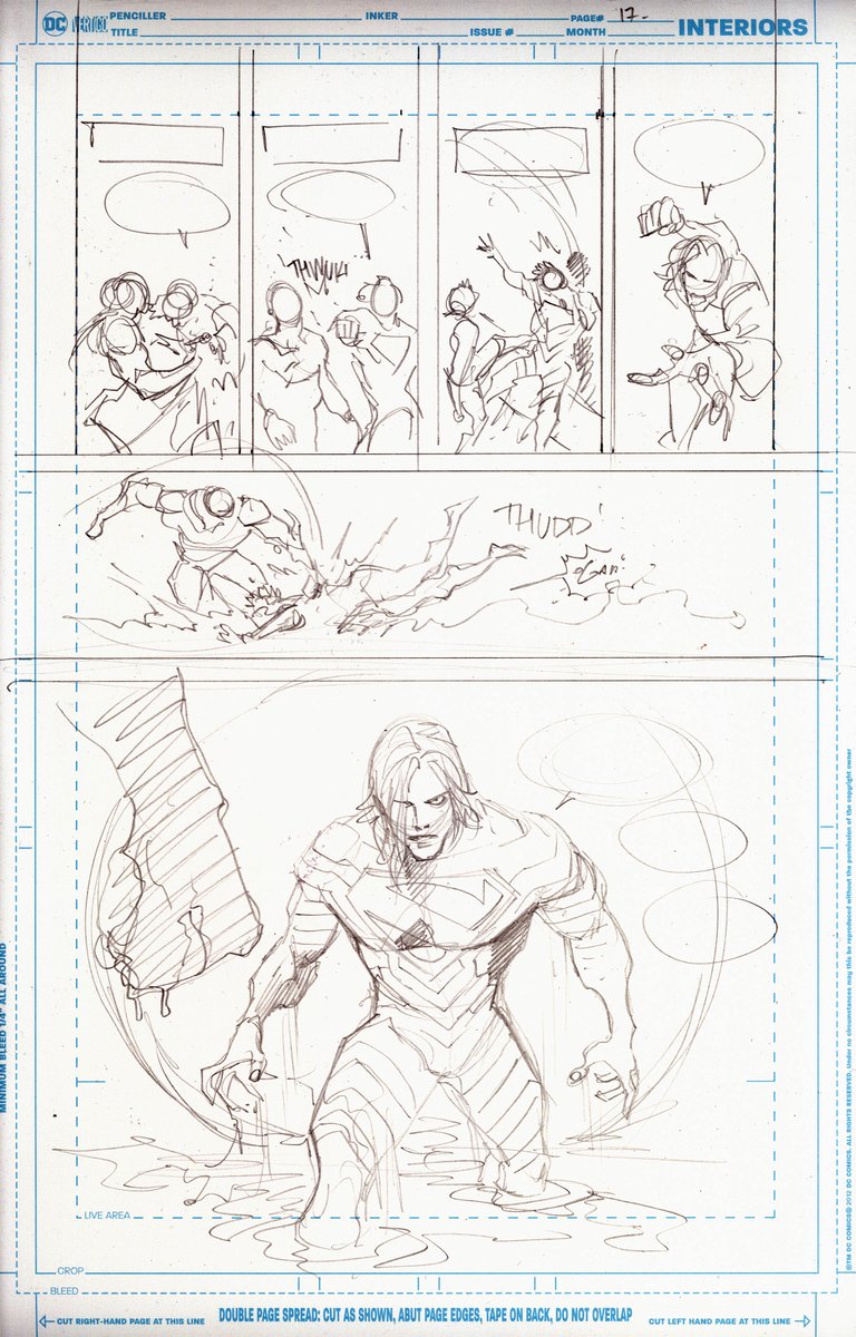 juaneferreyra's tweet photo. Absolute Superman #22, pages 16-17. I wroked the layouts regulary, 2 separate pages, then I penciled and inked page 17, when I was about to pencil and ink page 16 I realized it was a good spot to add a cut-out shot of Brainiac punching Superman throught the canal into the sewers. https://t.co/WKII9PkFOG