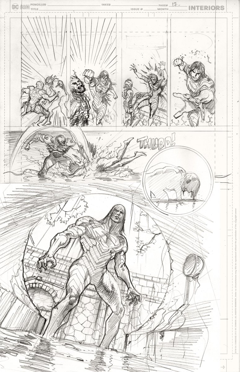 juaneferreyra's tweet photo. Absolute Superman #22, pages 16-17. I wroked the layouts regulary, 2 separate pages, then I penciled and inked page 17, when I was about to pencil and ink page 16 I realized it was a good spot to add a cut-out shot of Brainiac punching Superman throught the canal into the sewers. https://t.co/WKII9PkFOG