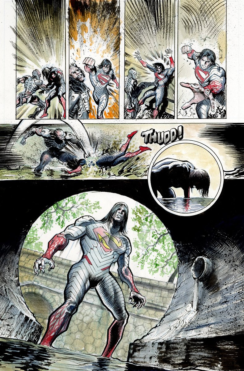juaneferreyra's tweet photo. Absolute Superman #22, pages 16-17. I wroked the layouts regulary, 2 separate pages, then I penciled and inked page 17, when I was about to pencil and ink page 16 I realized it was a good spot to add a cut-out shot of Brainiac punching Superman throught the canal into the sewers. https://t.co/WKII9PkFOG