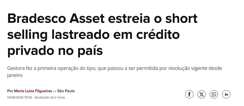 opapoeconomico's tweet photo. Pela primeira vez no Brasil, alguém shorteou crédito privado. A Bradesco Asset fez a operação inaugural — apostando contra título de dívida de empresa — pelo fundo Dana.

Até janeiro isso era impossível: a regulação exigia infraestrutura centralizada. A Resolução 5.266 liberou as compromissadas bilaterais, e agora existe mercado dos dois lados.

Por que importa: o crédito privado brasileiro cresceu uma década inteira só com comprador. Debênture marcada na curva, spread comprimido, todo mundo fingindo que liquidez não é problema. Quando só existe o lado comprado, o preço mente.

Agora tem quem ganhe achando o podre. Depois de Americanas, Light e Apex, ia ser útil ter tido isso antes.

O mercado de crédito acabou de ganhar advogado do diabo. Era o que faltava.