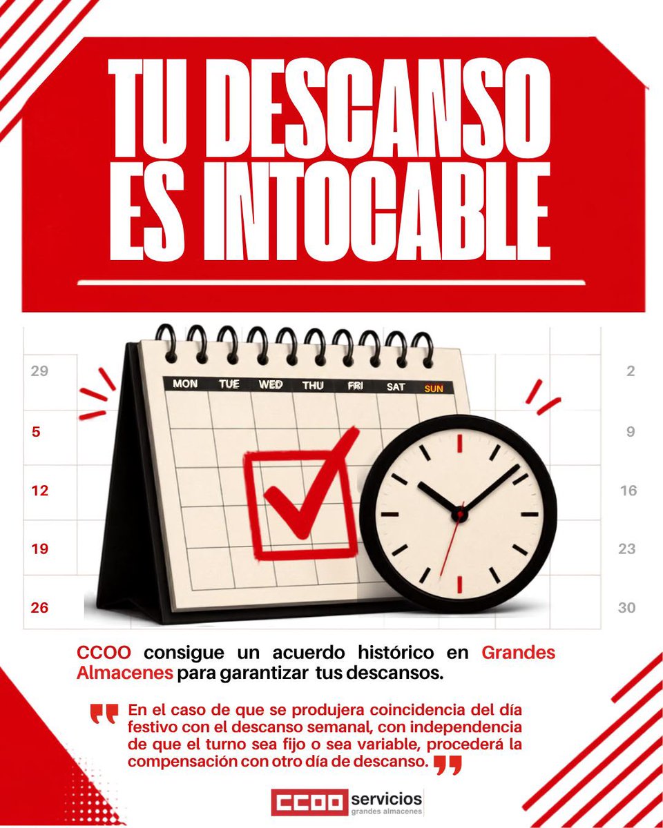 ComercioCCOO's tweet photo. 🤝CCOO hemos firmado un Acuerdo para garantizar que el descanso por festivo no se solape con el descanso semanal para las plantillas afectadas por el convenio de Grandes Almacenes👇👇 https://t.co/2YwYpsriYR