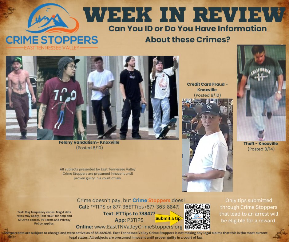 tn_crime's tweet photo. 🔎Take another look - Do you recognize someone?
If you can ID any of them, stay anonymous &☎️East TN Valley Crime Stoppers.
Tips to #CrimeStoppers leading to an arrest may receive a reward of up to $2k.
#easttnvalleycrimestoppers #SayItHere @Knoxville_PD https://t.co/W1qtd9lFHr