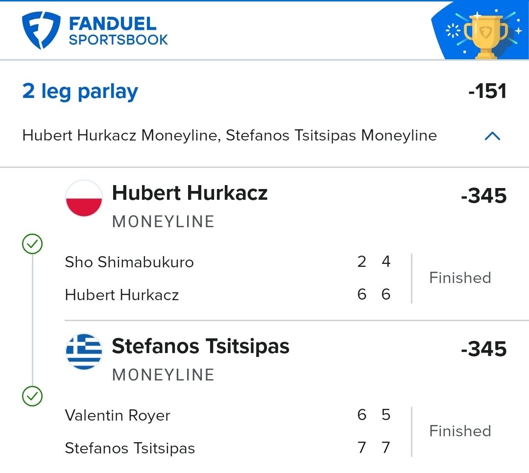 ProjectPiicks's tweet photo. Official Result ✅

2-Leg Parlay (-151) ✅
Hubert Hurkacz ML (-345) ✅
Stefanos Tsitsipas ML (-345) ✅

An early entry to start the morning.
An even earlier trip to the win column.

Record: 47–21
@ProjectPiicks

#GamblingX https://t.co/XdN83ZuXuZ