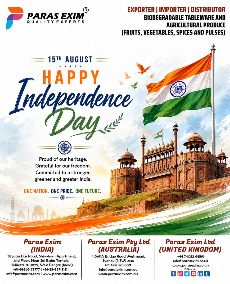parasexim's tweet photo. Let us celebrate the freedom we cherish and remember those who made it possible. Happy Independence Day. Jai Hind 🇮🇳 
#independenceday2026 #parasexim #paraseximptyltd #leafonyourtable #gogreen #ecofriendly #bioplates #disposableplates #bethechange #areca #palmleaf #tableware https://t.co/M9lKHFS0aa