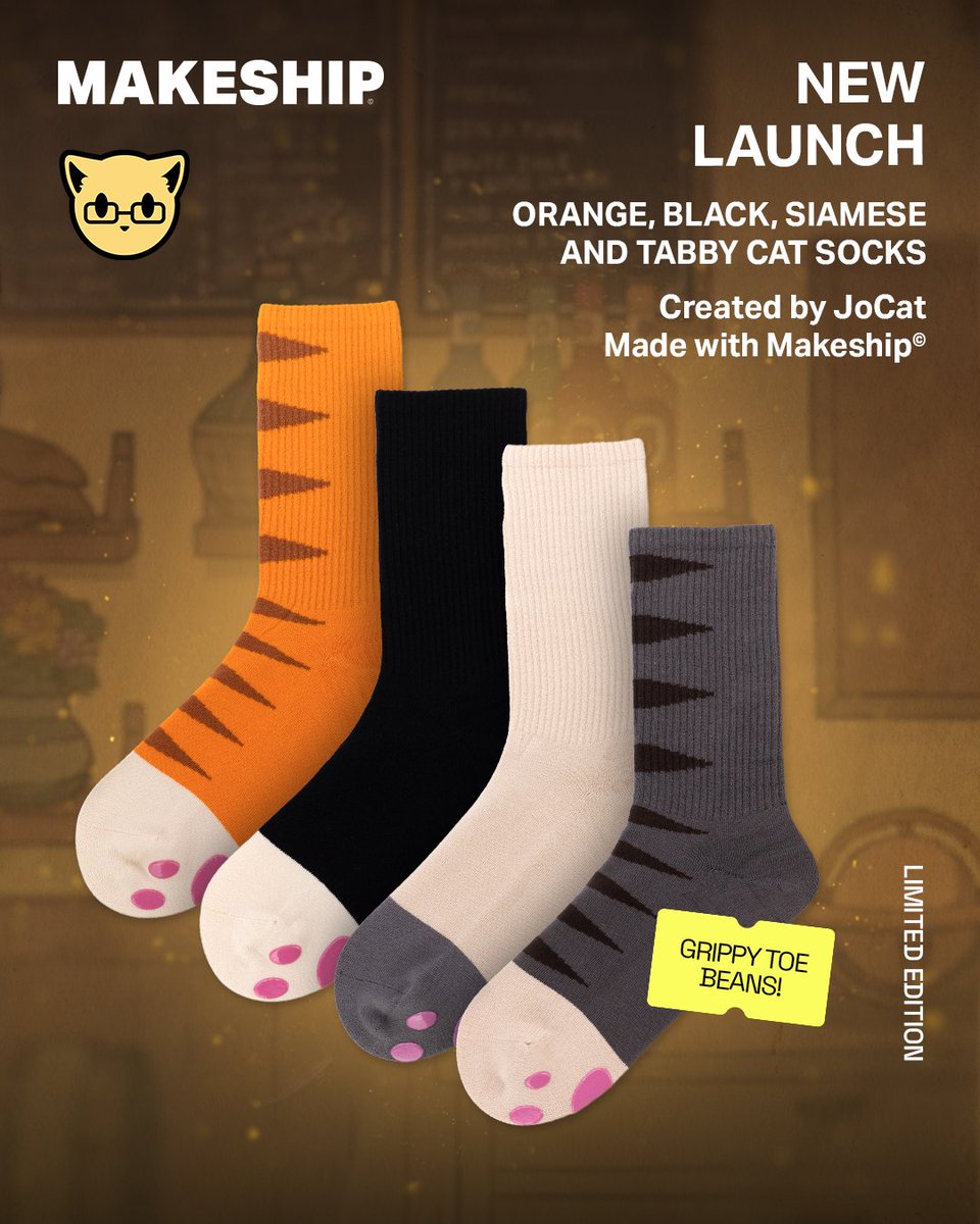 Makeship's tweet photo. it's time to loaf around the house in these comfy cat paw socks! they come in 4 styles for the type of cat that speaks to you the most🐈🧦

oh and you can get 10% off when you buy 2 or more pairs!!

https://t.co/0M2kenlCIy https://t.co/AB1S68dioh