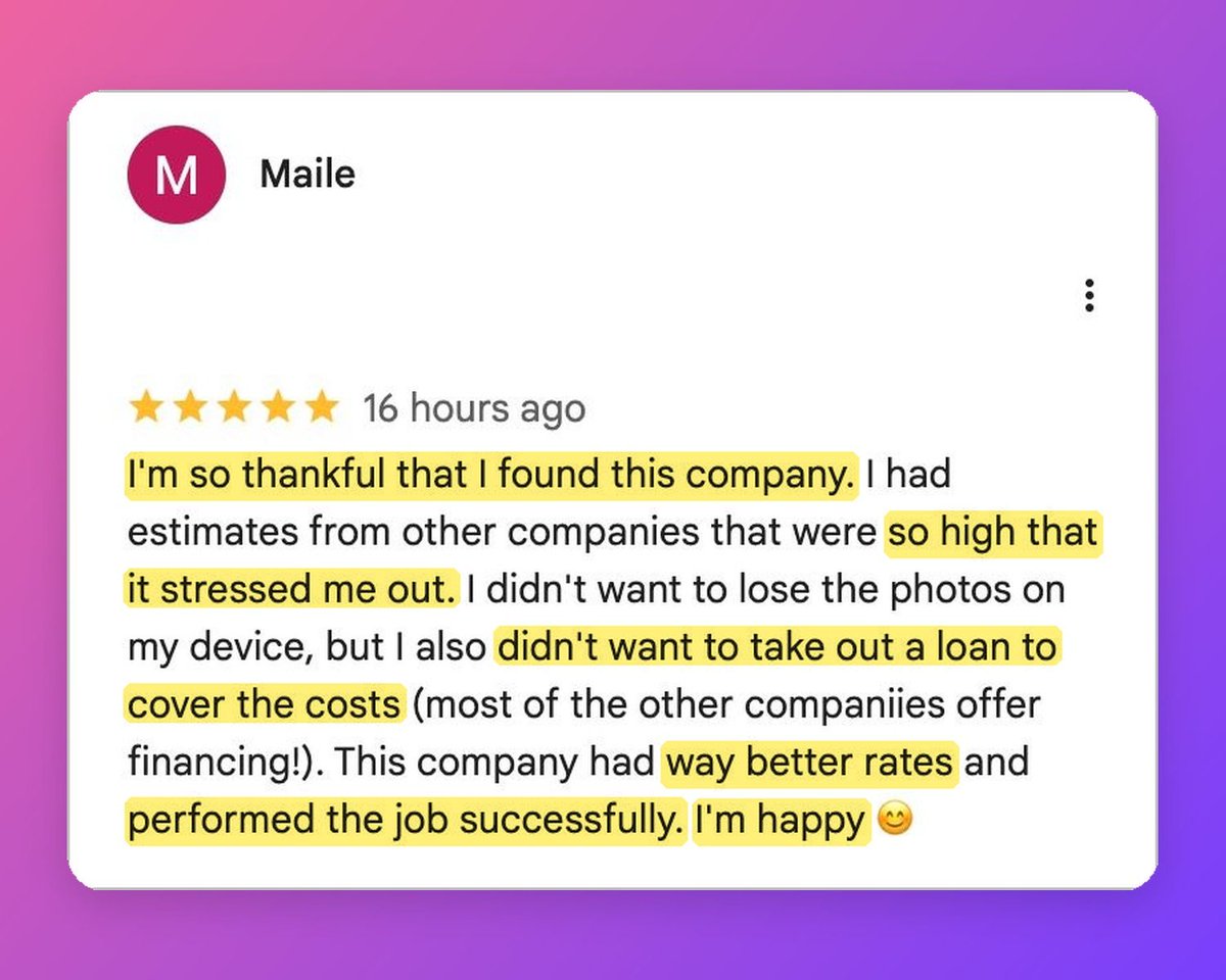 300DataRecovery's tweet photo. Maile had quotes so high they stressed her out. Some shops even offer financing, that's how pricey data recovery gets. 💾 We got her photos back at our rate. No loan needed. 💪🎉

#300DDR #DataRecovery

https://t.co/uLWir7wJAe https://t.co/4fwwGLKhAK