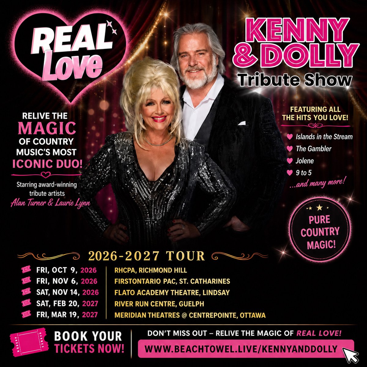 BeachTowelLive's tweet photo. 🎶 REAL LOVE: The Kenny Rogers & Dolly Parton Tribute!

From Islands in the Stream to Jolene — relive country's most iconic duo, live on stage. ✨

�� Richmond Hill • St. Catharines • Lindsay • Guelph • Ottawa
🎟️ Tickets: https://t.co/3sUBfOGmro

#KennyAndDolly #RealLoveTribute #CountryMusic