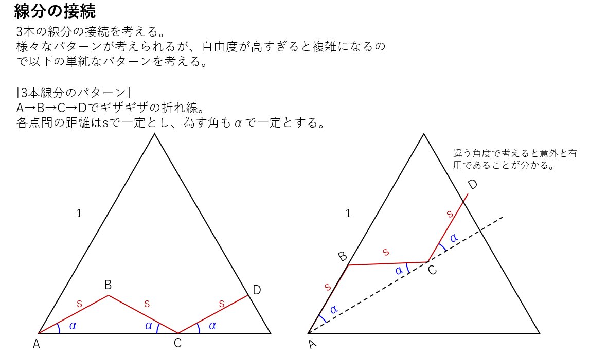Scaltinof_A's tweet photo. @zatsugakuinu 2本の線分　×
3本の線分　○　(約982m)

かなり自由度を低く考えているが、対称性から考えて十分な気がする。 https://t.co/VxfPVyGhFF