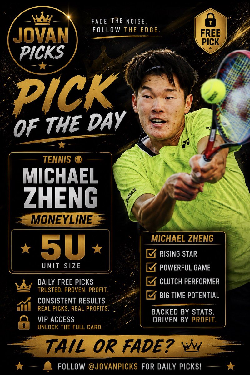 jovanpicks's tweet photo. 🚨 FREE POTD 🚨

🎾 Michael Zheng ML — 5U MAX BET🔒

Dropping one of my strongest plays FREE today.

❤️ LIKE + ♻️ REPOST if you’re tailing

👑 More picks inside the Discord
🔗 JOIN: https://t.co/FlDDslFFnX

TAIL OR FADE? 👀 https://t.co/oZy1y5hYmd