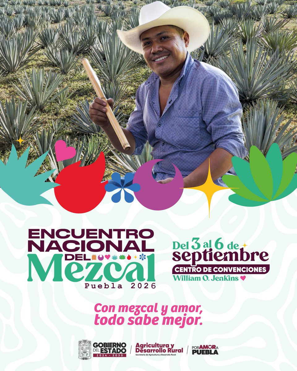 SDRGobPue's tweet photo. El momento ha llegado.
Puebla será el escenario del Encuentro Nacional del Mezcal, un espacio para descubrir la riqueza del mezcal mexicano, conocer a quienes lo producen y disfrutar de una experiencia que celebra nuestras raíces.
¡Te esperamos del 3 al 6 de septiembre! ✨🥃 https://t.co/OKVf6VoVf0