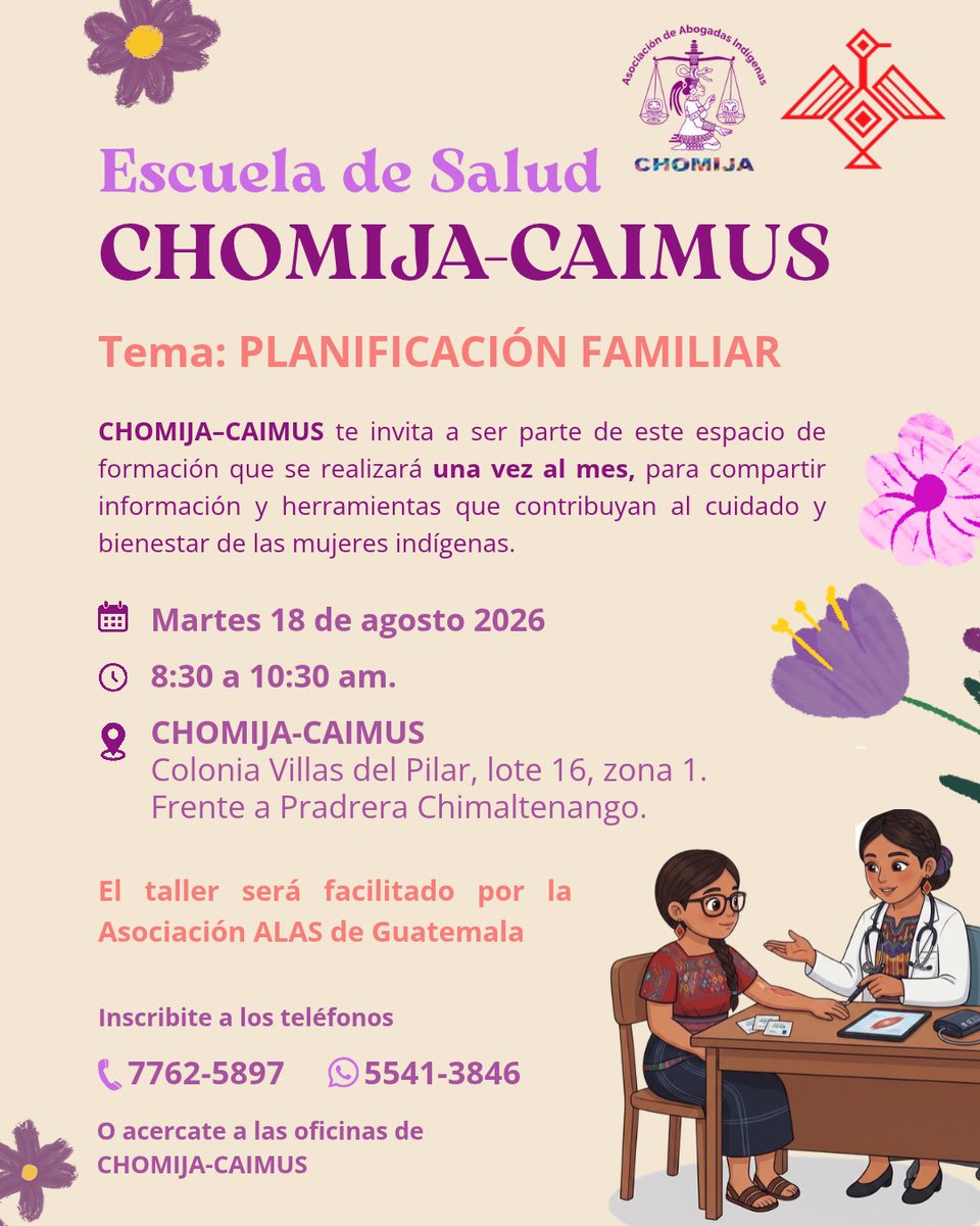 CHOMIJACAIMUS's tweet photo. #EscuelaDeSaludCHOMIJA 🖊️
La Asociación de Abogadas Indígenas #CHOMIJA les invita a ser parte de este espacio de formación, para aprender, conocer y compartir conocimientos sobre nuestra salud.💜

#CAIMUS
#mujeresindigenas https://t.co/LU8T7VU1R9