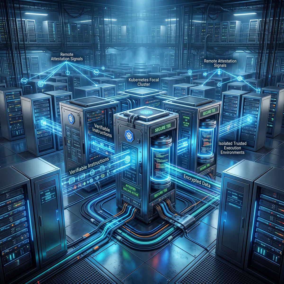 UtilityNet_'s tweet photo. 1️⃣ Verifiable instructions help keep execution tamper-proof and correct, which matters for POCI workloads running in distributed computing stacks.  
2️⃣ With TEE isolation and remote proof, K8s can help secure code, data, and performance in the same flow. #POCI #DistributedComputing