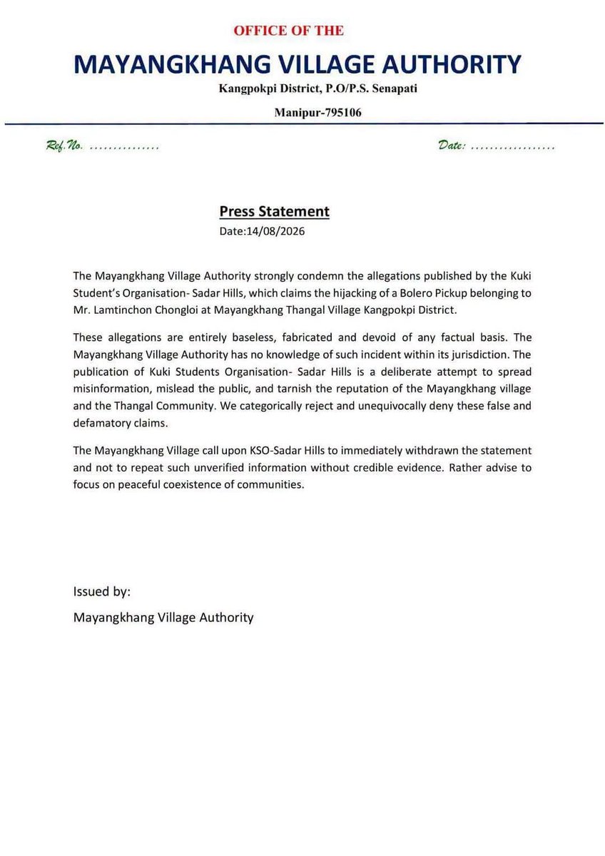 DynastyDoungel's tweet photo. I had never imagined that the Mayangkhang Village Authority would issue such an irresponsible statement.

KSO Sadar Hills did not allege that the Mayangkhang Village Authority was directly involved in the hijacking, looting, and burning of the Mahindra Bolero pickup truck belonging to Mr. Lamtinchon Chongloi.

As per the findings of KSO Sadar Hills, the vehicle was returning from Taphou Village with essential goods procured from a Naga friend in Senapati. At Mayangkhang, self-styled unemployed youth claiming to be volunteers of the Naga People's Organisation (NPO) allegedly intercepted the vehicle, threatened and harassed the two occupants, looted the goods, and assured that the vehicle would be returned. The vehicle was subsequently found burnt.

After examining the statement issued by the Mayangkhang Village Authority, it appears that the Mayangkhang Village Authority may also bear responsibility in the matter. Therefore, the law enforcement agencies, including the Senapati Police and Kangpokpi District Police, must investigate and take appropriate action against the Mayangkhang Village Authority. The NPO must also act and take necessary measures before the matter escalates further.

If the concerned authorities fail to act promptly and address the issue, it will provoke deep resentment within the Kuki-Zo community. In such an event, KSO Sadar Hills will be compelled to take necessary steps, and the concerned authorities will bear full responsibility for the consequences.

@YKhemchandSingh @KonthoujamG @manipur_police @LokBhavManipur @BhallaAjay26 @kpi_police @sptpolice @TheSangaiExpres @PoknaphamNews @meiteiheritage @koubru_lakpa @Paari_Athouba @laimacha @Ukhrultimes @LIANGMAIPOST @tangkhulnews @rlungleng @Khanuithot_Khon @UNCNaga @UNC_Naga
