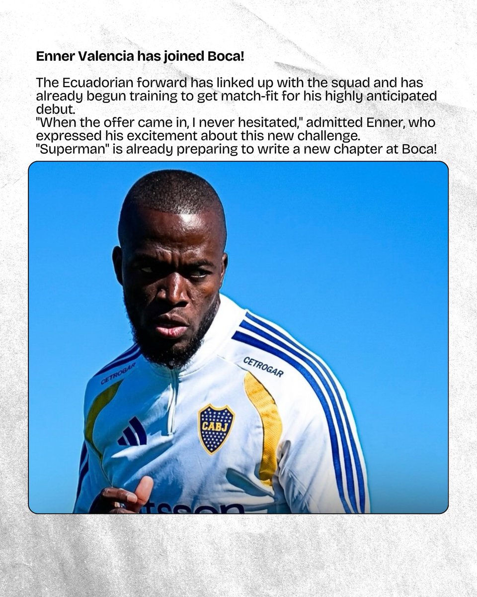 torcidanetoho's tweet photo. 💙💛 A new chapter begins at Boca!

The Ecuadorian star is ready to embrace the challenge and make his mark in Argentina.

Superman is ready for Boca! 💪🇪🇨

#EnnerValencia #BocaJuniors #Ecuador #FootballNews #Superman https://t.co/CyCUTCsGWa