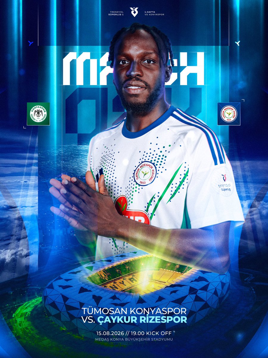CRizesporAS's tweet photo. Yeni sezon, ilk deplasman, tek hedef! 🦅💚💙

🏆 Trendyol Süper Lig
📅 1. Hafta
⚽ Tümosan Konyaspor 🆚 Çaykur Rizespor
🗓️ 15 Ağustos 2026 Cumartesi
⏰ 19.00
🏟️ Medaş Konya Büyükşehir Stadyumu
🗣️ Hakem: Cihan Aydın
📱 #KONvÇRS
#️⃣ #BirArmaÇağırırSeni https://t.co/7f5R3JM2Uj