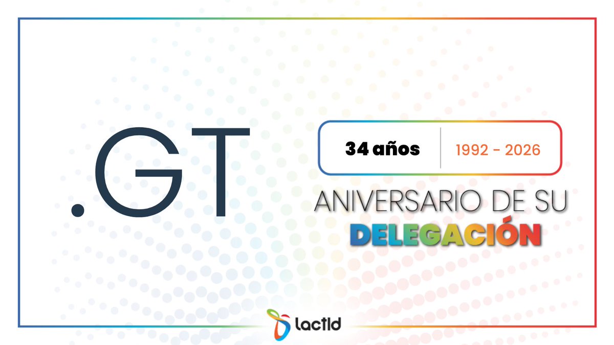 LACTLD's tweet photo. ¡Feliz aniversario número 34 al .GT! 🎉🎉
•
Happy 34th anniversary .GT! 🎉🎉

#LACTLD https://t.co/RdnRow6KS7
