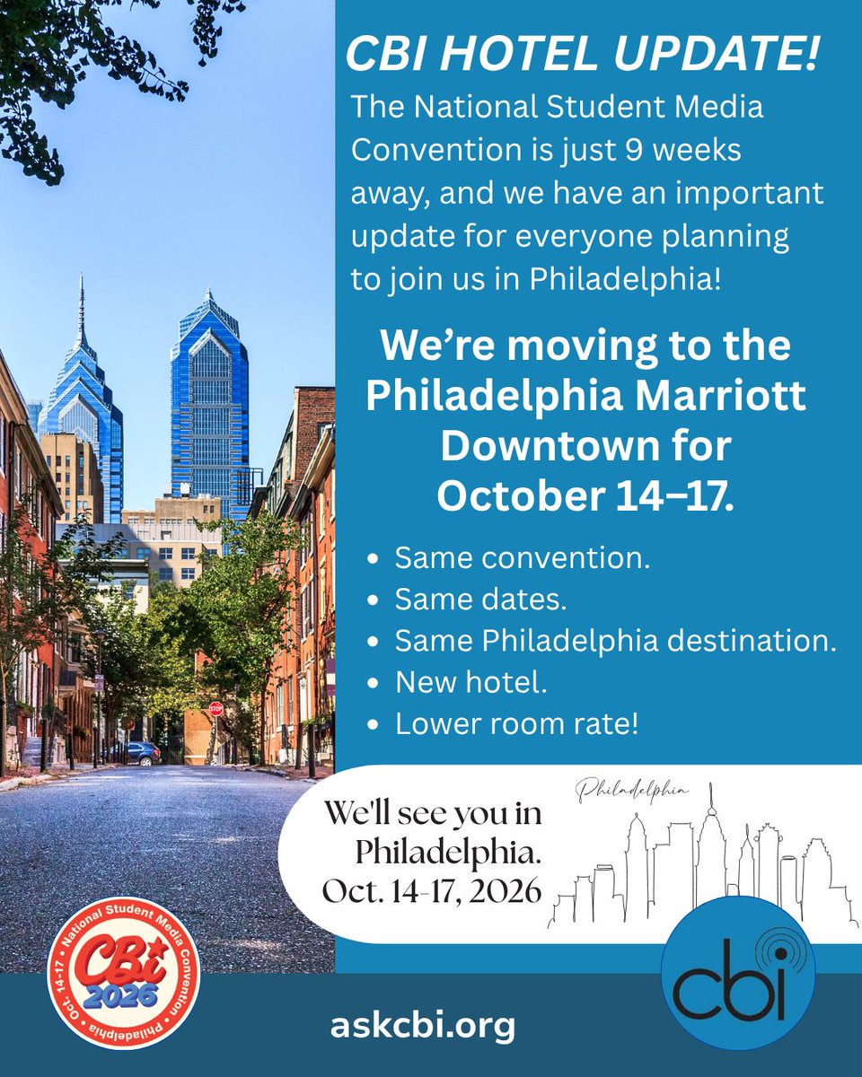 AskCBI's tweet photo. HOTEL UPDATE!
#CBI2026 is moving to the Philadelphia Marriott Downtown!
Oct. 14–17
Room rate is now $10 less/night
Early-bird registration extended through Sept. 18!
Same convention. Same city. New hotel!
See you in Philly! https://t.co/D17xoVWTV2