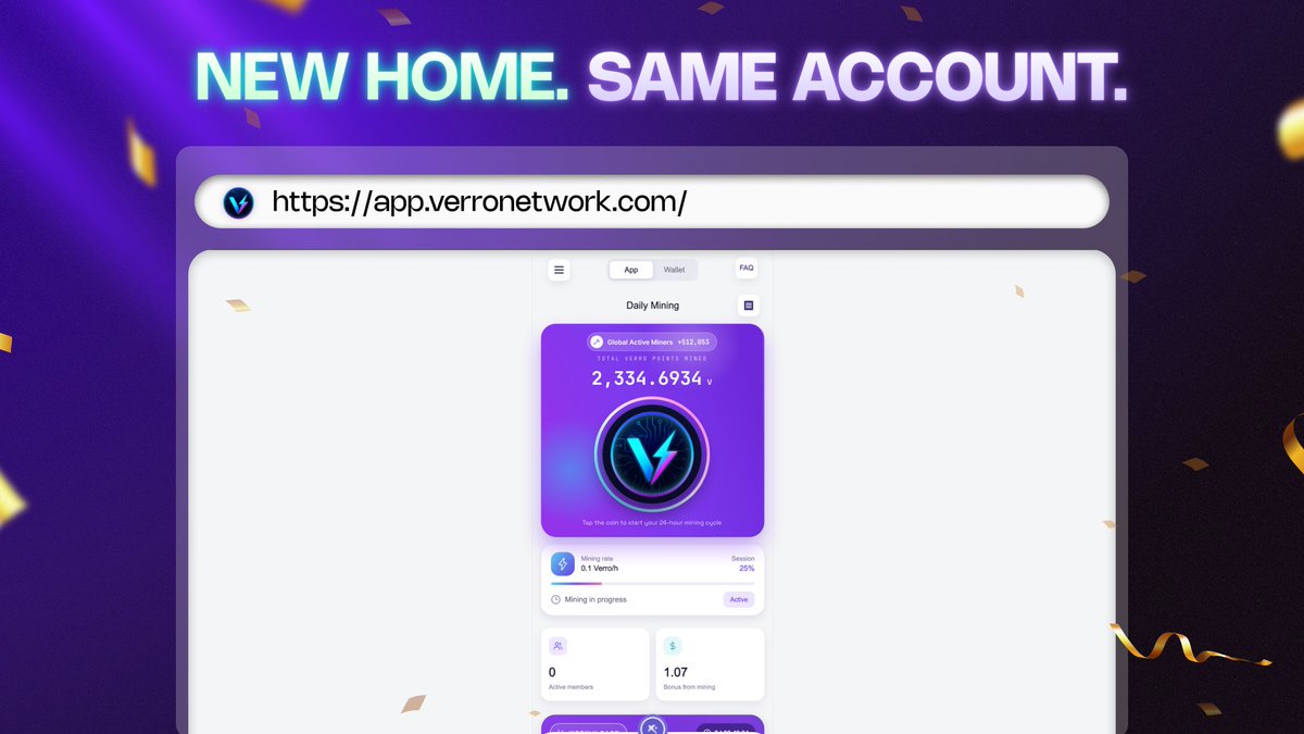 Verronetwork's tweet photo. Verro has left PiBase. Here's where to find it.

Verro no longer runs inside the PiBase app. It now lives at its own address:

https://t.co/7hGrL7jovX

Open it in your phone browser. Chrome on Android, Safari on iPhone. It works the same on both.

Signing in. Use the same account you were using inside PiBase. That's the whole migration on your side. Your mining history, balances, streak, team and its three layers are already there waiting. There is nothing to claim, nothing to transfer, nothing to confirm.

Before you continue, check one thing. Take a few seconds to look at your balances and history after signing in. Everything should be exactly where you left it. If something looks off, reach out through the official channels before doing anything else.

Add it to your home screen. This is the step most people skip and then regret. Adding the web app gives you an icon that opens Verro directly, full screen, with no link to hunt for.

On iPhone: tap Share in Safari, scroll down, tap "Add to Home Screen". On Android: tap the three-dot menu in Chrome, tap "Add to Home screen" or "Install app".

PiBase stays exactly as it is. Your wallet, your staking, your P2P activity are untouched. This move only concerns Verro.

About the store apps. They're coming. We'll announce it here the moment they're available, and when they arrive you'll sign in with the same account again and everything will follow you across. Until then, the web app is the full experience, not a stripped-down version.

Stay safe during the move. Verro will never ask you to send tokens, sign a transaction, or enter a recovery phrase. Only use the link above. Anyone contacting you offering to help you migrate is not us.

That's it. Open the link, sign in, confirm your history is there, and carry on. #Verro