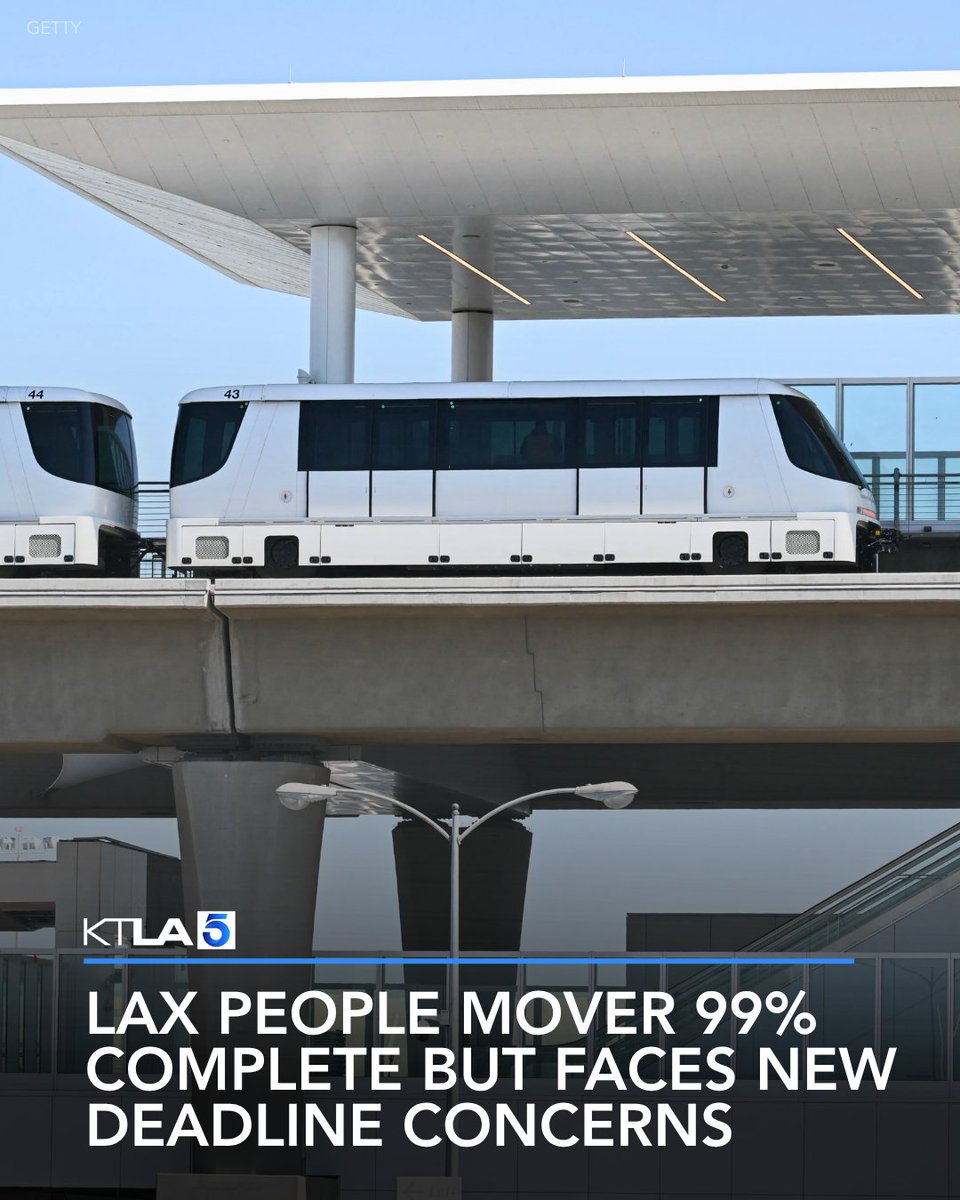 KTLA's tweet photo. LAX’s long-delayed people mover is now more than 99% complete, but new financial concerns and a growing dispute between airport officials and the project’s contractor are raising questions about whether the train can meet its latest deadlines. https://t.co/xsJFKNQgTp https://t.co/81AyNAioM1
