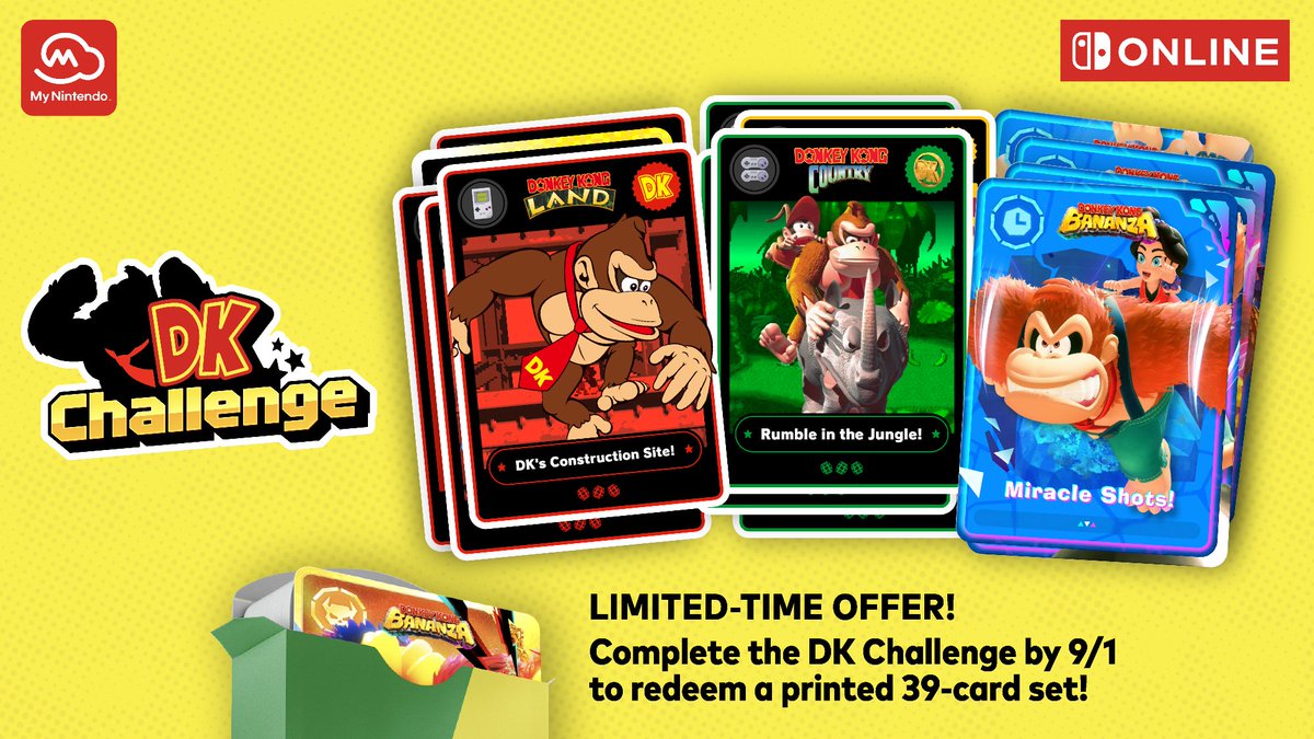 IGNDeals's tweet photo. Nintendo Online members can get a pack of 39 collectible cards in a custom card case by completing the DK Challenge before September 1. Nintendo will send out instructions on how to claim your prize in October. These are physical cards, sent to you sometime in the future. https://t.co/3SwELe28YT
