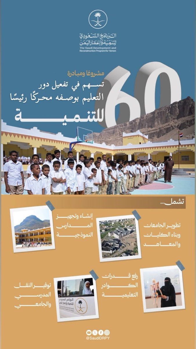 NewsNow4KSA's tweet photo. البرنامج السعودي لتنمية وإعمار اليمن يسهم بـ60 مشروعًا ومبادرةً تنموية في قطاع التعليم؛ لتفعيل دور الت��ليم بوصفه محركًا رئيسًا للتنمية.

#تنمية_اليمن https://t.co/3Kzu7q2NlA