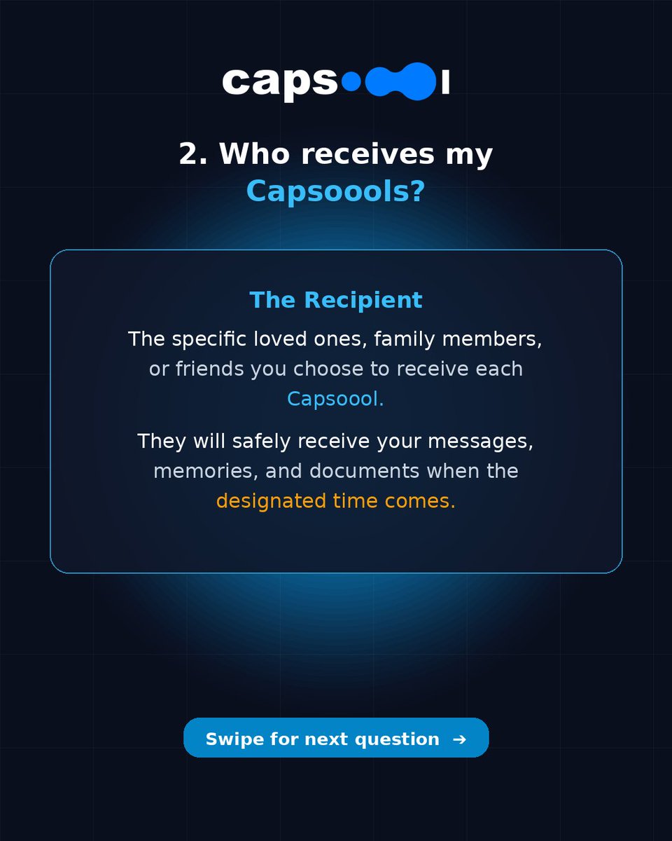 Capsoool_App's tweet photo. Got questions about Capsoool? 🤍

Here’s everything you need to know:
  
📁 Store letters, photos, videos &amp; vital documents
🔐 Bank-grade end-to-end encryption
👥 Trusted Persons deliver your wishes safely
  
Join the waitlist to get 3 MONTHS FREE! 👇

🔗 https://t.co/DWFThwrJtd https://t.co/nWB9gmVMDQ