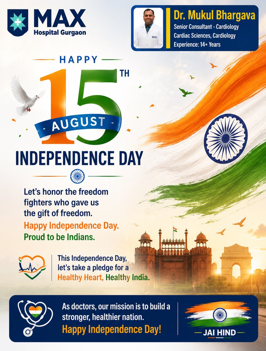 drmukulcardio's tweet photo. 🇮🇳❤️ This Independence Day, let’s pledge to keep our hearts healthy and our nation stronger.

❤️ Healthy Heart. Healthy India.
Jai Hind! 🇮🇳
👨‍⚕️ Dr. Mukul Bhargava | Senior Consultant – Cardiology

#DrMukulBhargav #IndependenceDay #HeartHealth #HealthyIndia #JaiHind https://t.co/56Il4adRB7