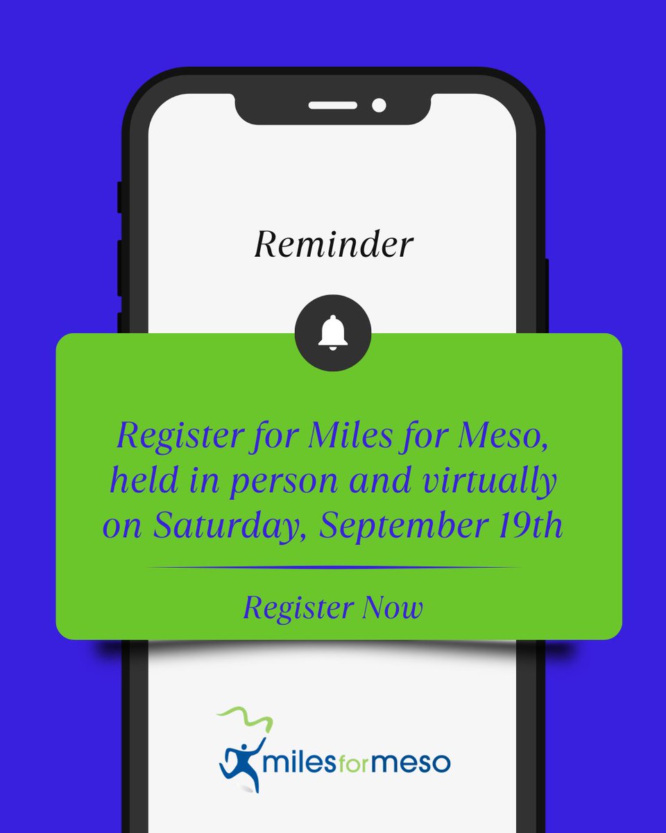 milesformeso's tweet photo. Don't forget to register! Miles for Meso 5K/3K is September 19th in Alton, IL (or join virtually).

Early bird pricing ends August 23rd. Register now: https://t.co/BVrWLCQXMb
#MilesforMeso https://t.co/7y81z5wli2