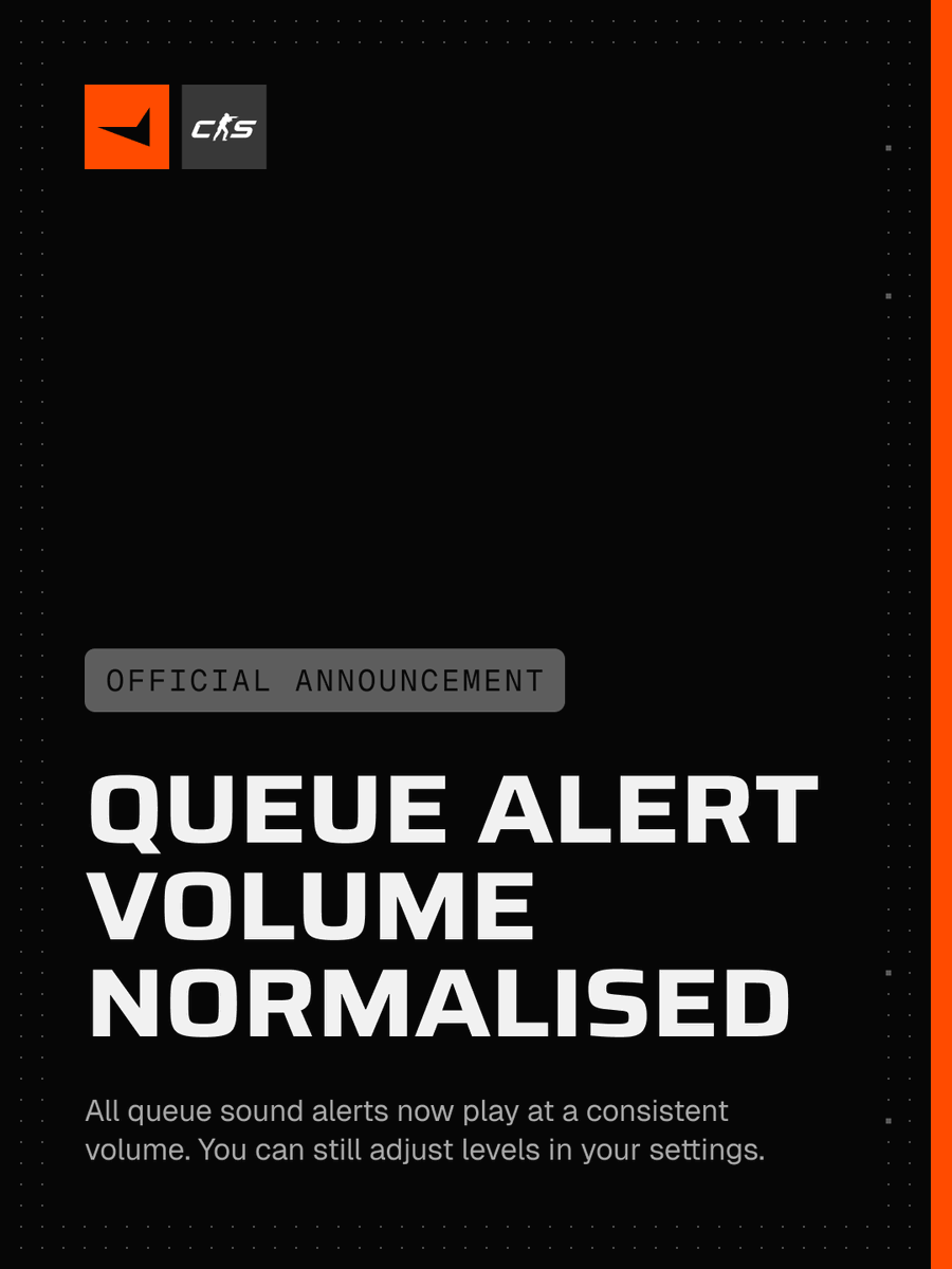 FACEITcs's tweet photo. Sound alerts have been normalised: match found, server ready, and knife round now play at a consistent volume.

You can still adjust the levels in your settings. https://t.co/Vu05uR2XqM