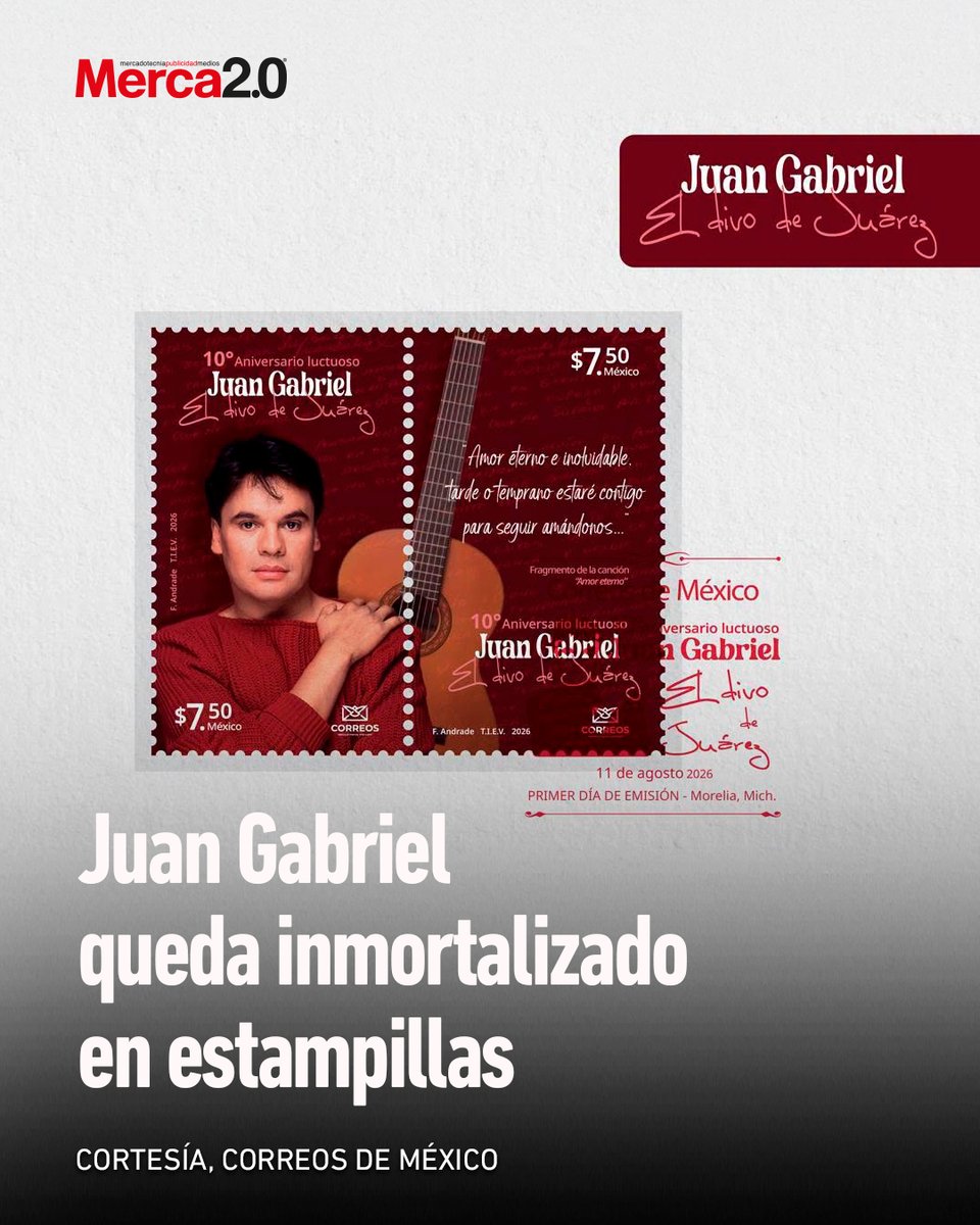 Merca20's tweet photo. Juan Gabriel ahora también forma parte de la historia postal de México. A 10 años de su fallecimiento, Correos de México lanzó un timbre conmemorativo dedicado al Divo de Juárez. La emisión cuenta con 300 mil estampillas, inspiradas en la imagen del artista y su legado musical.📮 https://t.co/aHyCnMrptN