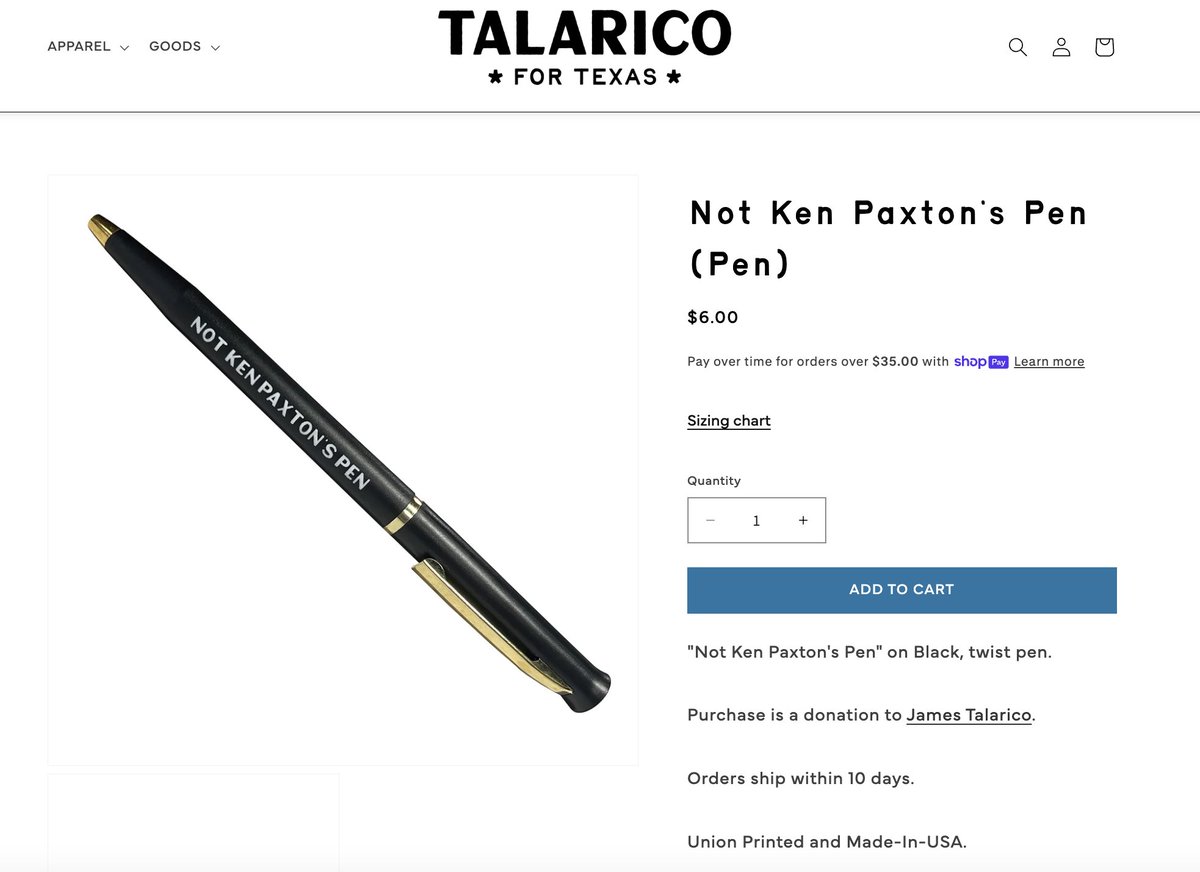 AndrewSolender's tweet photo. Talarico's campaign is doubling down on this ad/endorsement by selling "not ken paxton's pen" pens in their merch store for $6: https://t.co/y0seqqgFBT