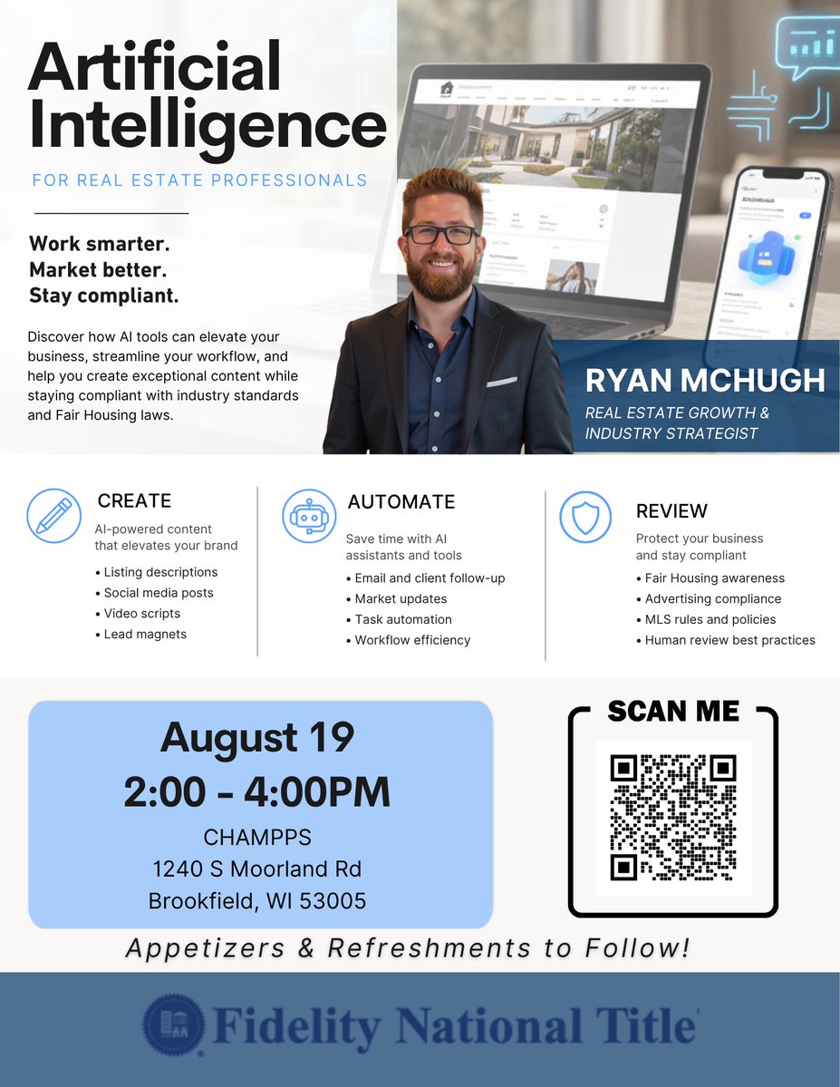 FNTWisconsin's tweet photo. 🤖 Ready to embrace AI in real estate? Join us on Aug 19, 2-4 PM at Champps, Brookfield! Learn from Ryan McHugh how to boost your marketing, automate tasks, and stay compliant. 🍽️ 

Reserve now: https://t.co/wGxyktEdPy https://t.co/Q7UkVtiJuM