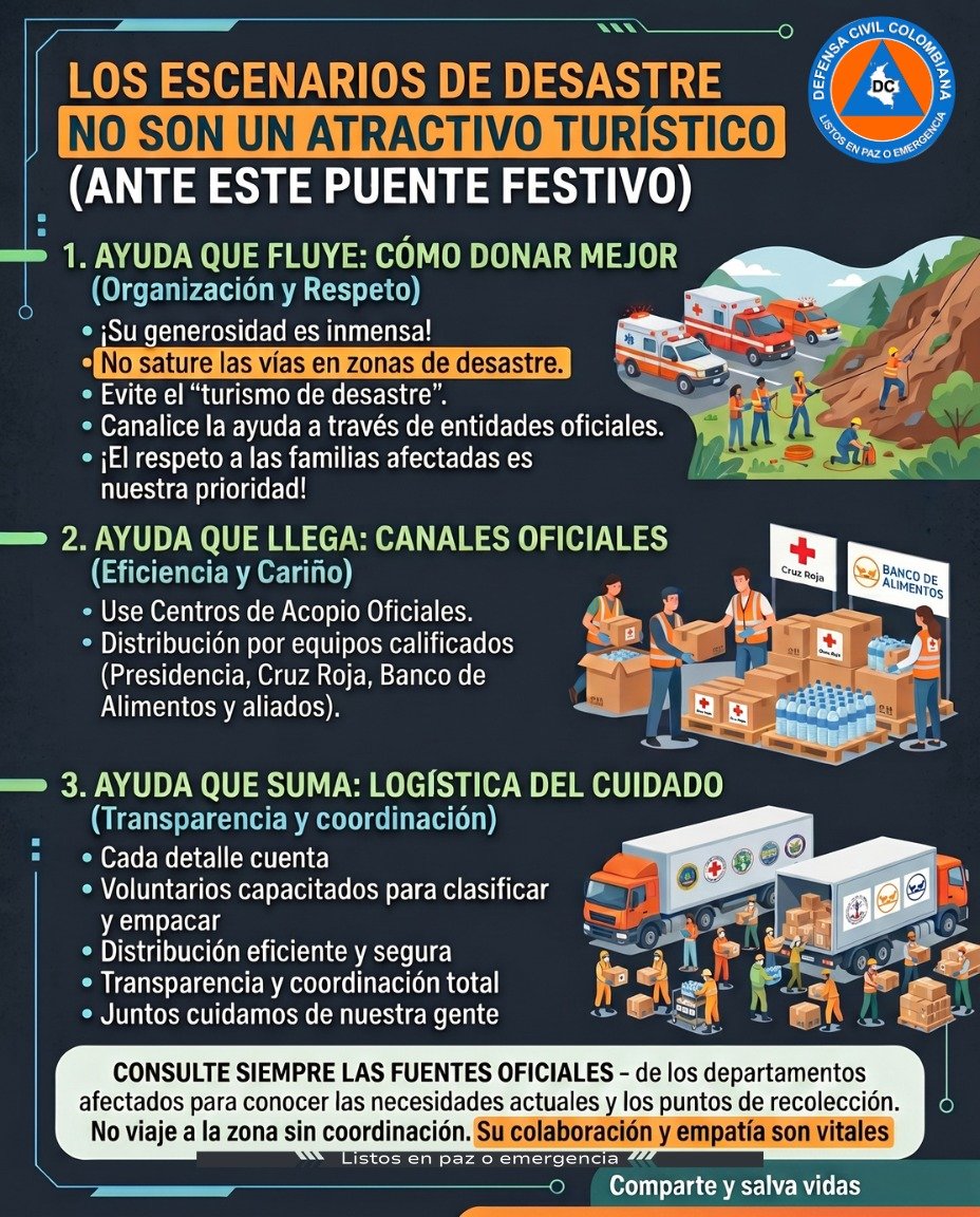 DefensaCivilCo's tweet photo. 🚨 En este puente festivo, recuerda: los escenarios de desastre no son un atractivo turístico.

Si quiere apoyar a las zonas afectadas, hazlo de la forma correcta: canaliza tus ayudas a través de entidades oficiales y evita saturar las vías.

Su colaboración y empatía son vitales https://t.co/4Ia4ngmqlr