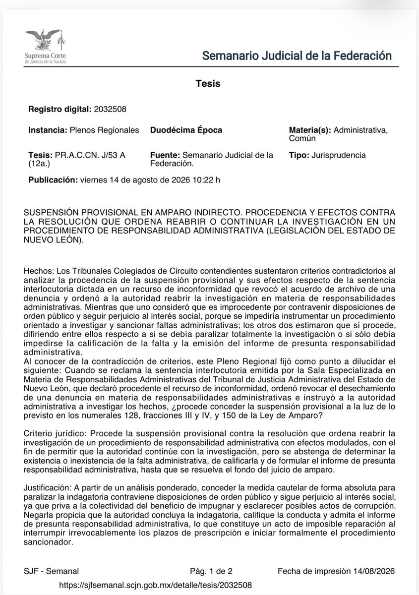 rsperrilliat's tweet photo. SUSPENSIÓN PROVISIONAL EN AMPARO INDIRECTO. PROCEDENCIA Y EFECTOS CONTRA LA RESOLUCIÓN QUE ORDENA REABRIR O CONTINUAR LA INVESTIGACIÓN EN UN
PROCEDIMIENTO DE RESPONSABILIDAD ADMINISTRATIVA (LEGISLACIÓN DEL ESTADO DE NUEVO LEÓN) https://t.co/8zJMIXq2MR