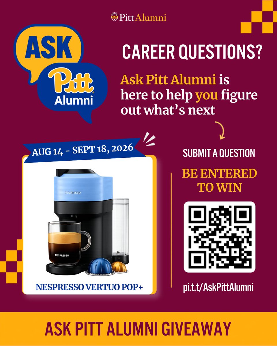 PittGradStudies's tweet photo. Have a question about internships, career paths, grad school, or networking? Submit it through Ask Pitt Alumni to get insight from a Pitt alum and be entered for a chance to win a Nespresso Vertuo Pop+ and coffee pods.

Visit https://t.co/bJ5D7FXARV to get started. https://t.co/K2HLovsnXS
