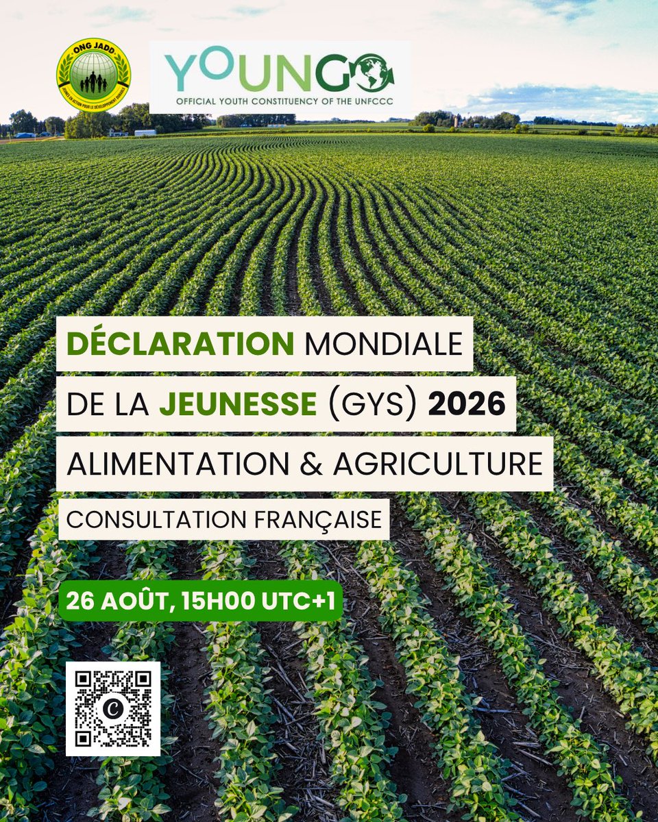 ong_jadd's tweet photo. 🌍 Jeunes francophones : faites entendre votre voix !

YOUNGO Food &amp; Agriculture organise une consultation pour la #GYS2026, avant la #COP31.

📅 26 août | 🕒 15h WAT | 💻 Zoom

Partagez vos priorités sur climat, agriculture, financement et biodiversité.

#YOUNGO #JeunesseClimat https://t.co/Fsx1zHKXgS