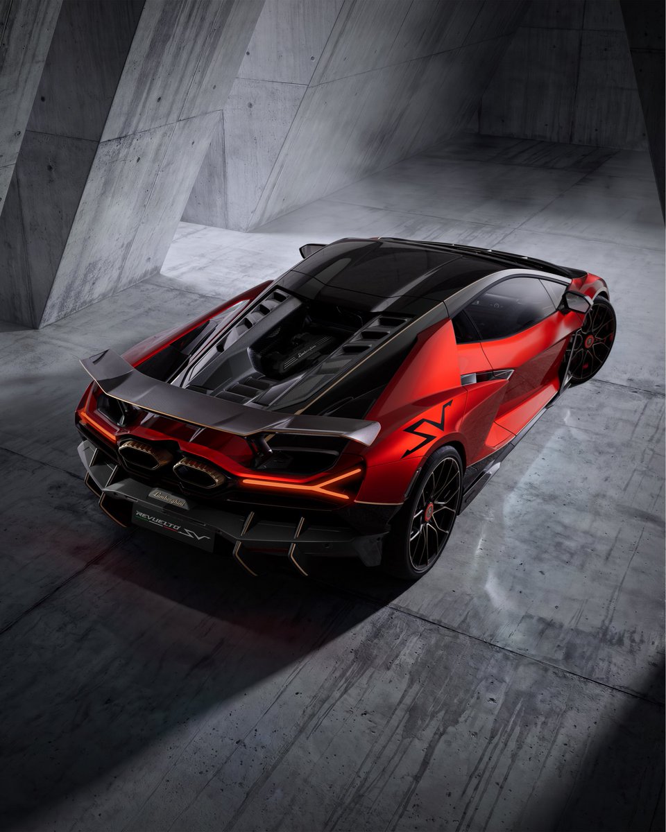 Lamborghini's tweet photo. Introducing the new Lamborghini Revuelto SV, the latest expression of the Super Veloce legacy.

Developed as the most powerful production Lamborghini ever created, Revuelto SV pushes the boundaries of V12 hybrid performance with 1,065 CV, 1,425 Nm of system torque and acceleration from 0 to 100 km/h in just 2.4 seconds, 0 to 200 km/h in 6.7 seconds and a top speed exceeding 345 km/h.
Every element has been engineered to enhance performance: from the redesigned aerodynamics delivering 80% more downforce than Revuelto, to the lightweight construction, racing-inspired suspension, new CCM-R Plus carbon-ceramic brakes and bespoke Bridgestone Potenza Race R tires.

Sharper, lighter, and more extreme, Revuelto SV embodies the purest expression of
Lamborghini’s Super Veloce DNA.

#Lamborghini #RevueltoSV #TheQuantumOfDriving