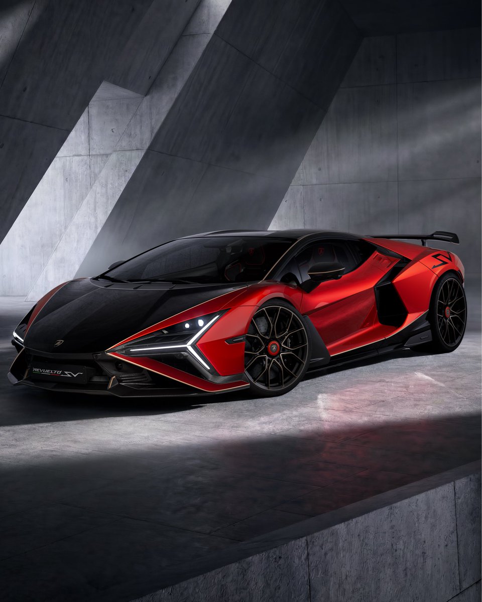 Lamborghini's tweet photo. Introducing the new Lamborghini Revuelto SV, the latest expression of the Super Veloce legacy.

Developed as the most powerful production Lamborghini ever created, Revuelto SV pushes the boundaries of V12 hybrid performance with 1,065 CV, 1,425 Nm of system torque and acceleration from 0 to 100 km/h in just 2.4 seconds, 0 to 200 km/h in 6.7 seconds and a top speed exceeding 345 km/h.
Every element has been engineered to enhance performance: from the redesigned aerodynamics delivering 80% more downforce than Revuelto, to the lightweight construction, racing-inspired suspension, new CCM-R Plus carbon-ceramic brakes and bespoke Bridgestone Potenza Race R tires.

Sharper, lighter, and more extreme, Revuelto SV embodies the purest expression of
Lamborghini’s Super Veloce DNA.

#Lamborghini #RevueltoSV #TheQuantumOfDriving