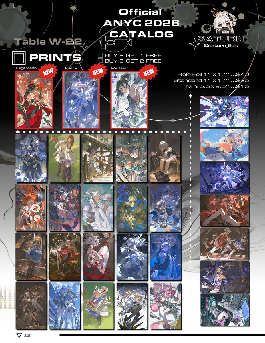 saturn_illus's tweet photo. ⚠️ #anyc2026 catalog! 📍Table W-22

This will be my last major public appearance of 2026, come drop by while you still can o7.

As usual I'll be offering artwork from the following fandoms: Genshin, Star Rail, WuWa, Arknights, Uma Musume, Frieren, Chainsaw Man, Witch Hat, Ado/Miku, Pokemon, LycoReco.

There will also be a 5 ft cardboard cutout of Oguri Cap available for silent auction! See third page for details.