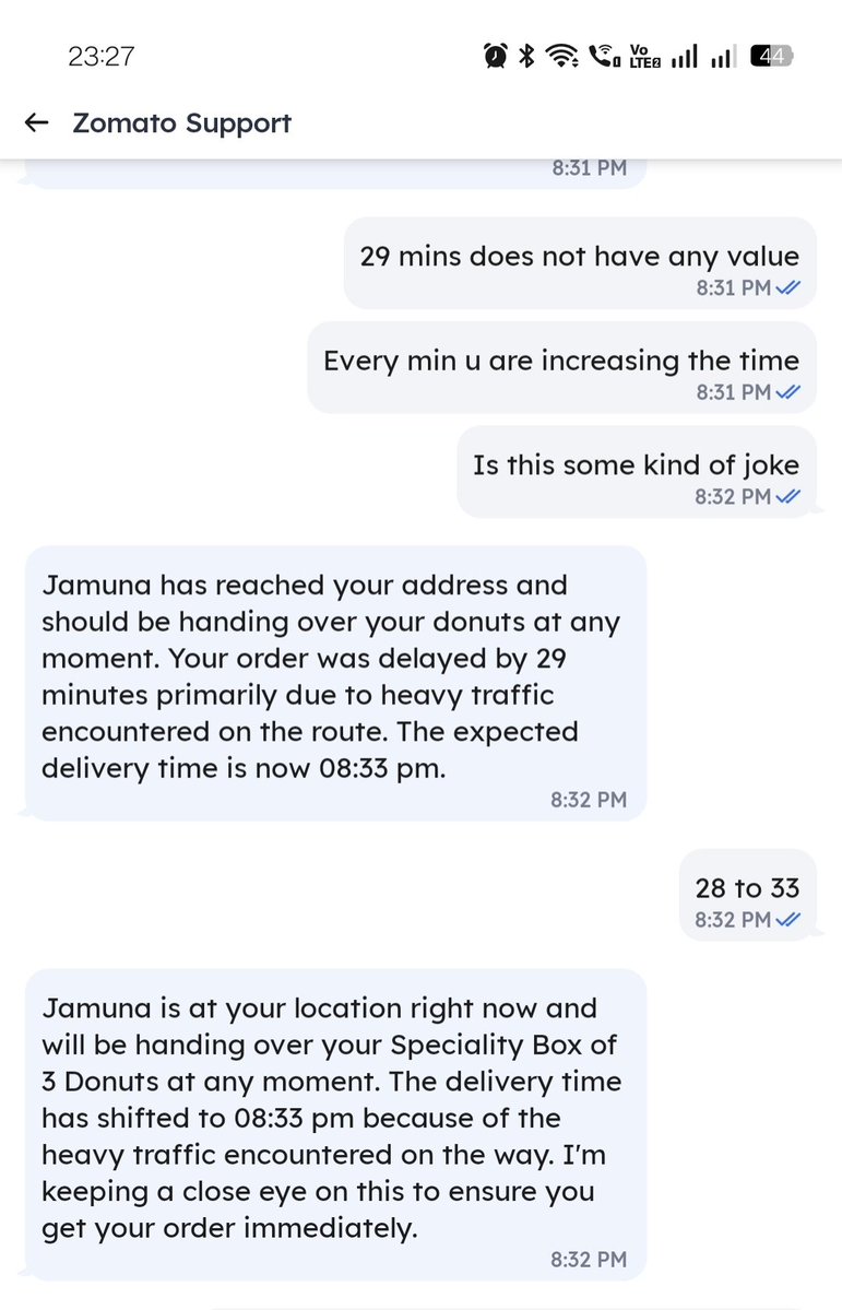 Saurav3262's tweet photo. @deepigoyal 
@zomato Order 8472616396 was delayed by 40+ mins despite ₹105 delivery charges. Now your team is pushing me to accept a voucher and use Zomato again to face the same disappointment. This is not customer service. https://t.co/Bia2SQ5Ooi