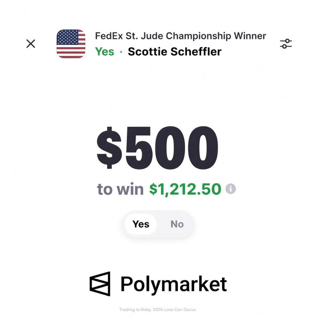 NUCLRGOLF's tweet photo. 🚨📈🫨 #NEW LEADER — World #1 Scottie Scheffler has EXPLODED out of the gates on Friday in Memphis and has TIED THE LEAD at the FedEx St. Jude Championship. He is 6-under par through his first 7 holes on the day.

Polymarket $500 ➡️ $1212.50

You riding with Scottie? https://t.co/NI7ePTQMoQ