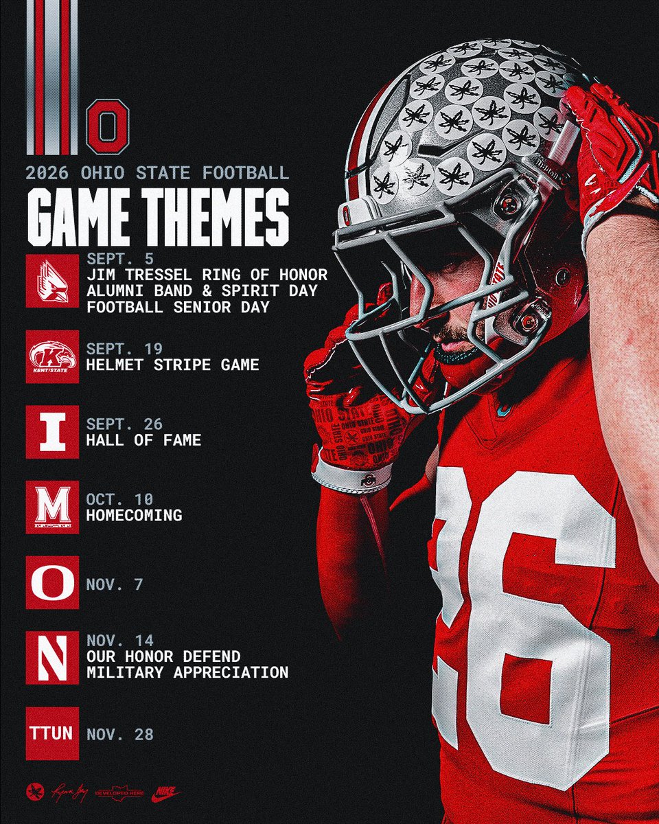 OhioStateFB's tweet photo. Seven Saturdays in the ‘Shoe. 
The 2026 game themes are here. https://t.co/X3Hi9YekPC