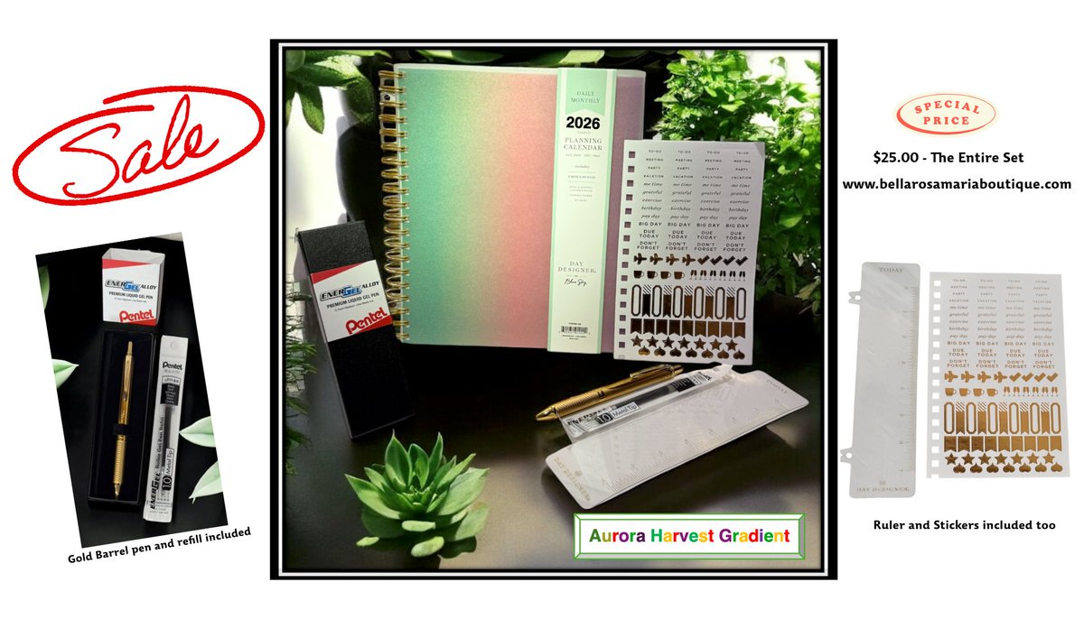 ModishStyleChic's tweet photo. 2026 Daily/Monthly Planner Set | Aurora Harvest Gradient | Gold Barrel Pen

BellaRosaMariaBoutique Exclusive Set – Aurora Harvest Gradient with tones of Emerald/Teal Green, soft Olive Gold, warm Coral-Red, and Plum/Violet finish.

The 2026 Monthly Planner Set is accompanied by the matching Pentel EnerGel Gold Alloy Retractable Pen that brings a touch of sophistication to your workspace.

The front and back cover is an Aurora Harvest Gradient smooth glitter cardstock with shimmering colors of emerald/teal green, soft olive gold, warm coral-red, and plum/violet finish.

This sleek artistic finish transforms the planner into not just a functional tool but also a stylish accessory. A true blend of craftsmanship and creativity.

A perfect planner to keep with you for tracking responsibilities, important dates, contacts, appointments, trips, and events.

This planner includes a six-month bonus calendar from July through December 2025, followed by a full 12-month daily and monthly layout spanning from January 2026 through December 2026.

The metallic gold twin wire spiral binding combines durability with style, while the contemporary white pages with gold accents enhance its overall elegant appeal.

The Pentel EnerGel Gold Barrel Alloy Retractable Pen is included with a refill, ensuring smooth and precise writing, that enhances your overall deluxe planning experience at home or in your office.

Professionally wrapped and securely packed in a 12x10x3 box, and ships with tracking and insurance.
15h