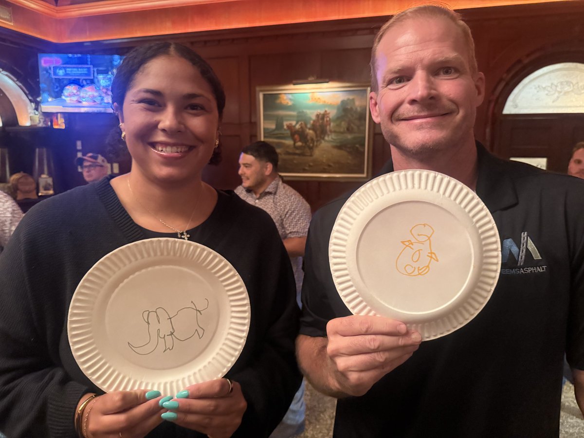AsphaltWeems's tweet photo. We take paving seriously, but our drawings? Not so much! 

For happy hour, the team had 30s to draw an animal with paper on their heads. Congrats to Annaliese for her Round 1 elephant and Matt for his Round 2 penguin!

#TeamWeems https://t.co/Hymd9dcnyr