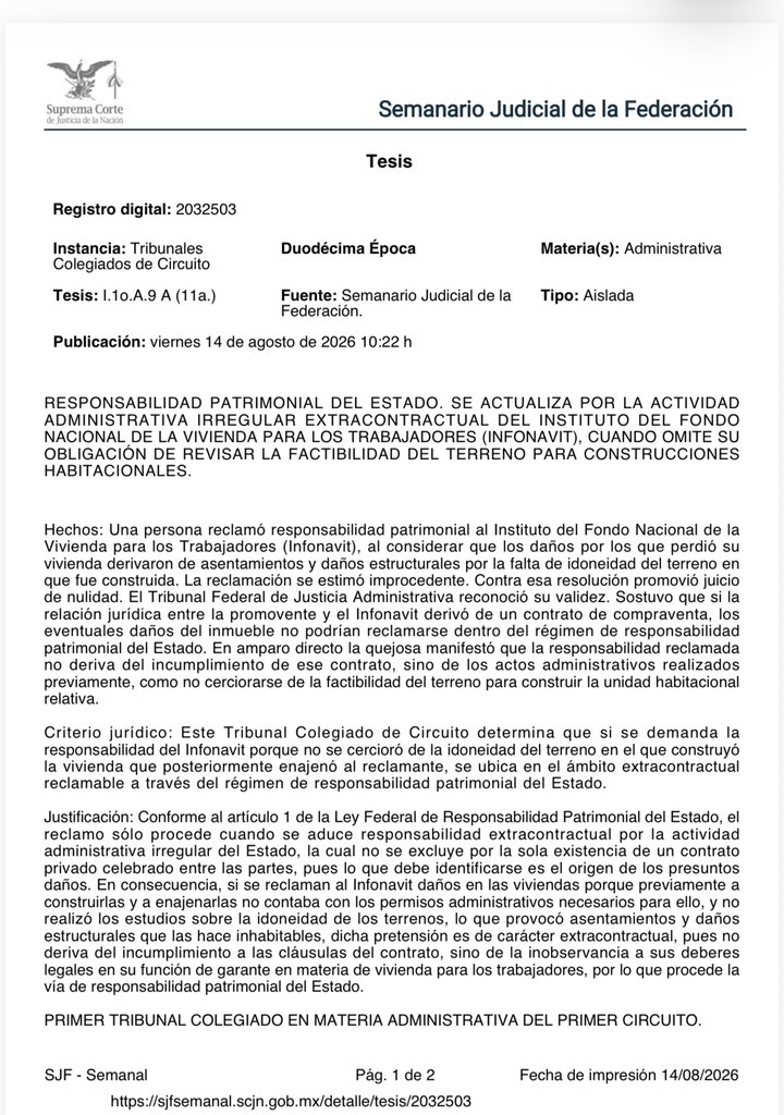 rsperrilliat's tweet photo. RESPONSABILIDAD PATRIMONIAL DEL ESTADO. SE ACTUALIZA POR LA ACTIVIDAD ADMINISTRATIVA IRREGULAR EXTRACONTRACTUAL DEL INSTITUTO DEL FONDO NACIONAL DE LA VIVIENDA PARA LOS TRABAJADORES (INFONAVIT), CUANDO OMITE SU OBLIGACIÓN DE REVISAR LA FACTIBILIDAD DEL TERRENO PARA CONSTRUCCIONES HABITACIONALES.
